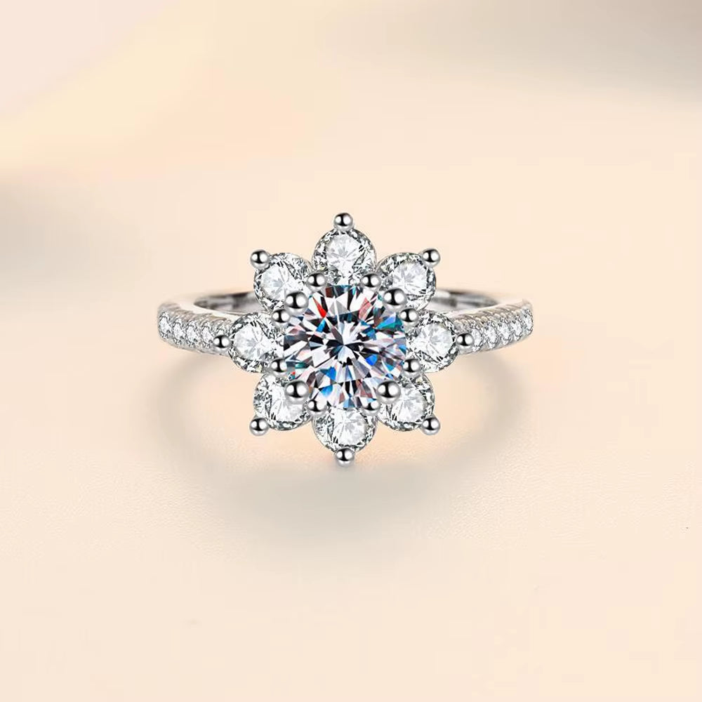 VVS1 1/2CT Moissanite Wedding Sunflower Ring for Women Promise Engagement S925 Sterling Silver GRA Certified Jewelry
